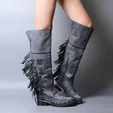 Акция; винтажные сапоги с круглым носком на низком каблуке; Botas Mujer; украшение в виде бахромы; сапоги до колена в ковбойском стиле; вечерние модельные туфли для женщин