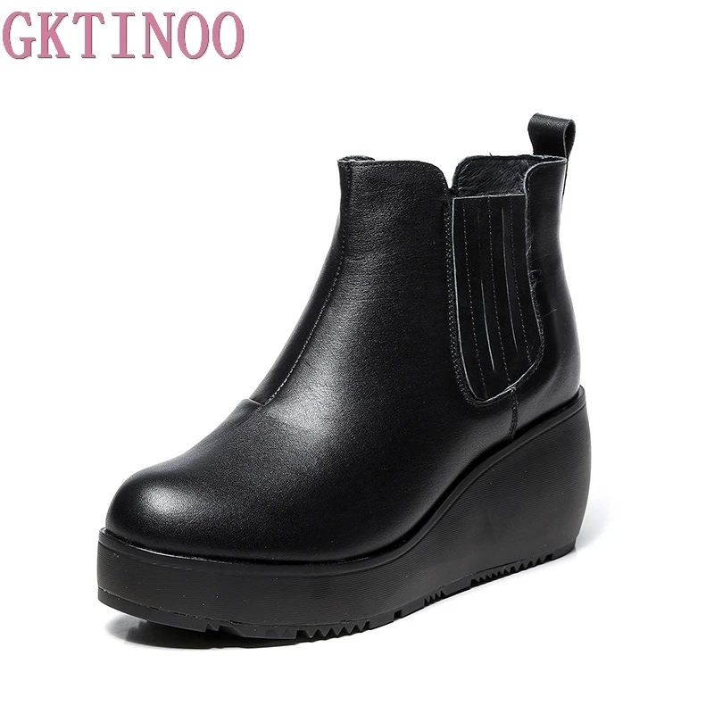 

GKTINOO Spring Women Wedges Platform Boots 2018 Fashion 100% Genuine Cow Leather Black Ankle Boots for Women High Heel Boots