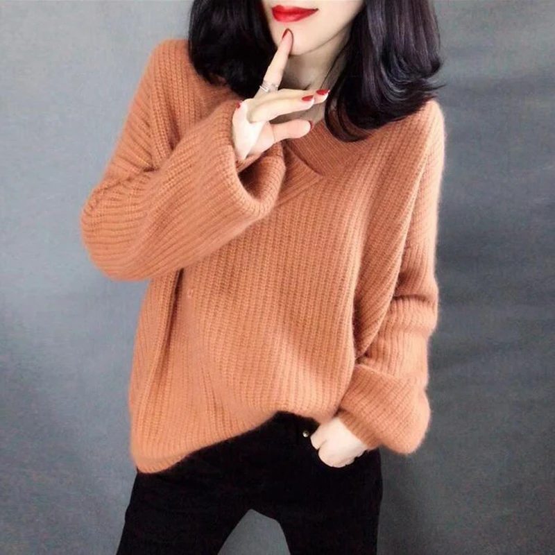 Tanie Sweter z dekoltem w serek, jesień, sweter z dzianiny, latarnia, kaszmirowy, kobiecy sweter, solidne, damskie, eleganckie, Pull Femme