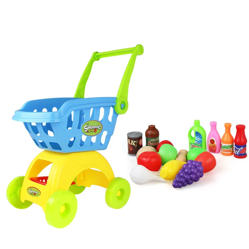 Blue with Food Coolplay Моделирование Мини Супермаркет корзина для покупок детский игровой дом тележки игрушки Мини тележки и фрукты овощи посуда - Цвет: Blue with Food