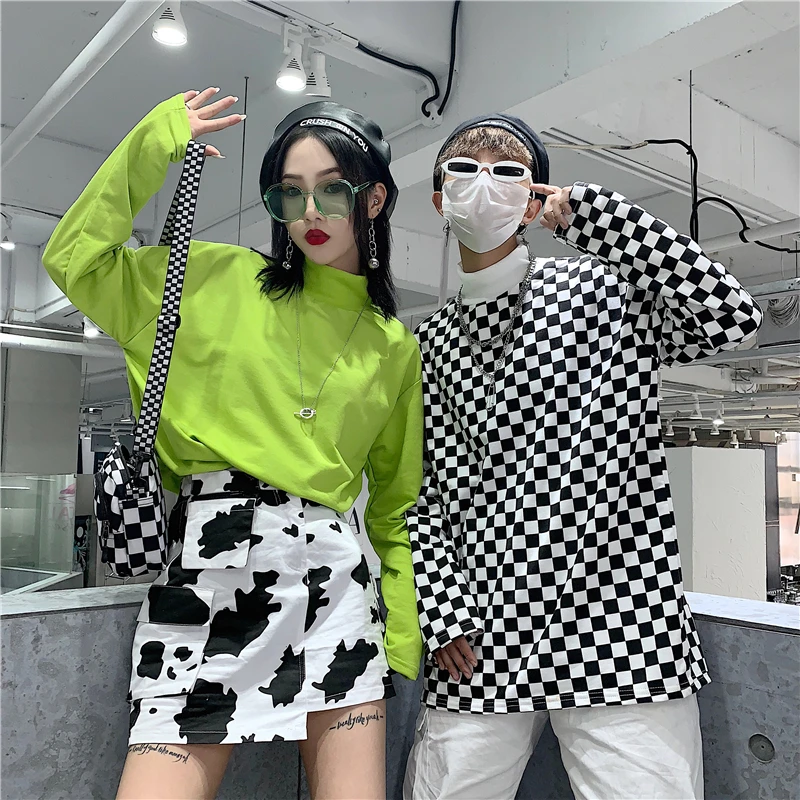

Harajuku BF new large size loose casual fashion hip hop personality Cotton shirt female Turtleneck plaid long-sleeved tops tee