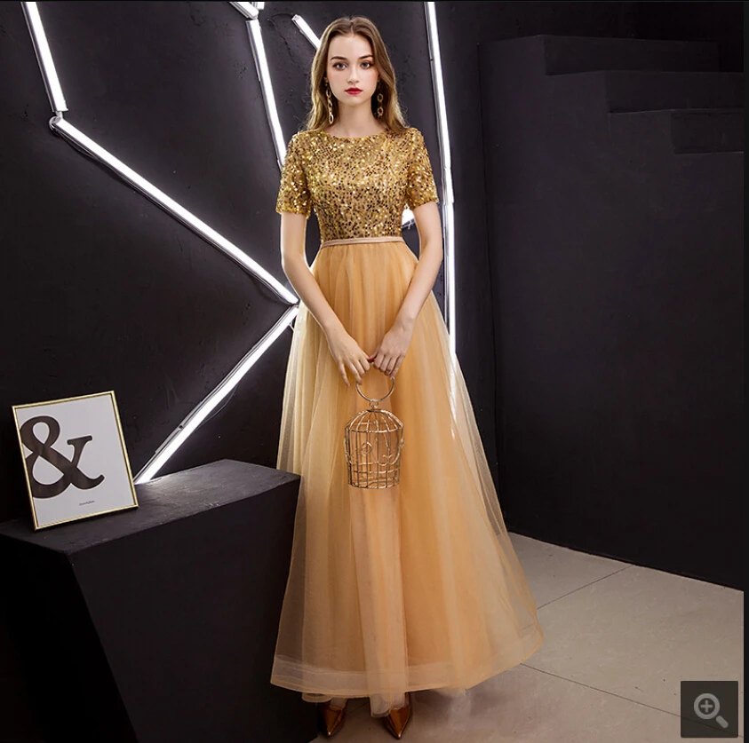 Vestido De Festa Золотое расшитое блестками тканевое ТРАПЕЦИЕВИДНОЕ скромное вечернее