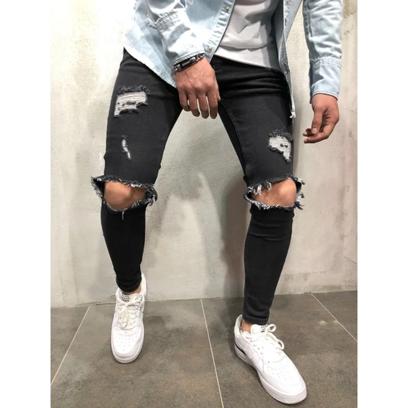 Брендовые дизайнерские облегающие рваные джинсы, брюки для мужчин, Hi-Street, мужские потертые джинсовые джоггеры с дырками на коленях, потертые джинсовые брюки