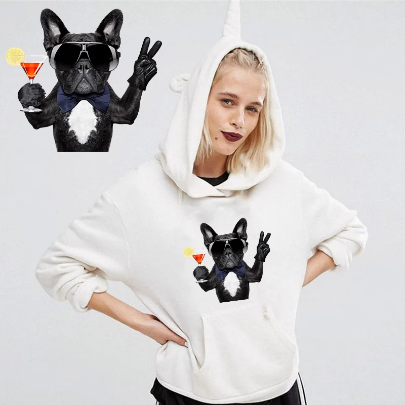 

Cocktail French Bulldog Ironing on Heat Transfer Printed Patches Stickers for Clothes T-shirts Washable DIY Patches Appliques