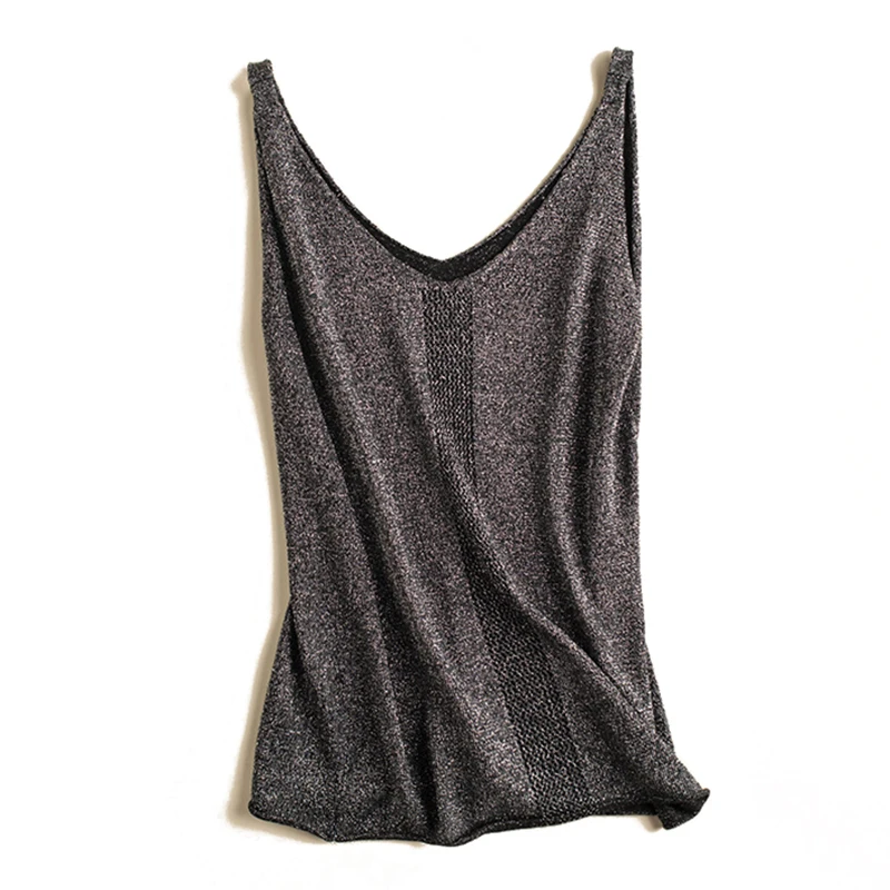 

Summer Crop Top Knitted Tank Tops Women Sleeveless Sexy Lurex Camis Deep V Neck T-shirt Vest Female Streetwear Black Tee Shirt