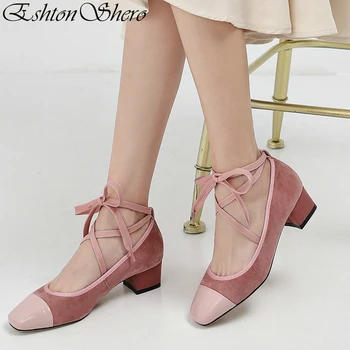 

EshtonShero Summer Women's Shoes Woman Pumps Fashion Low Heels Pointed Toe Basic Kid Suede Lace Up Ladies Wedding Shoes Size 3-9