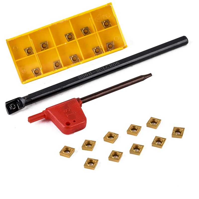 1pc S06K SCLCL06 Screw Type Holder Tool 6mm Shank Boring Bar + 10pcs CCMT060204 Carbide Inserts Durable Blades + 1pc T8 Wrench