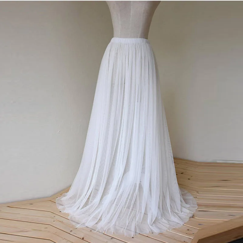 Sheer White 2 Layer Soft Tulle Skirts For Women Overskirt Elastic Style ...