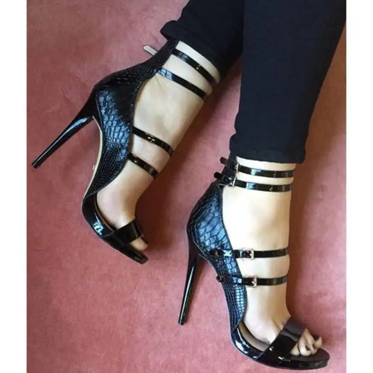 

Black Embossing Snake Pattern Leather Gladiators High Heels One Buckle Peep Toe Cover Heel Four Narrow Band Buckle Womens Shoes
