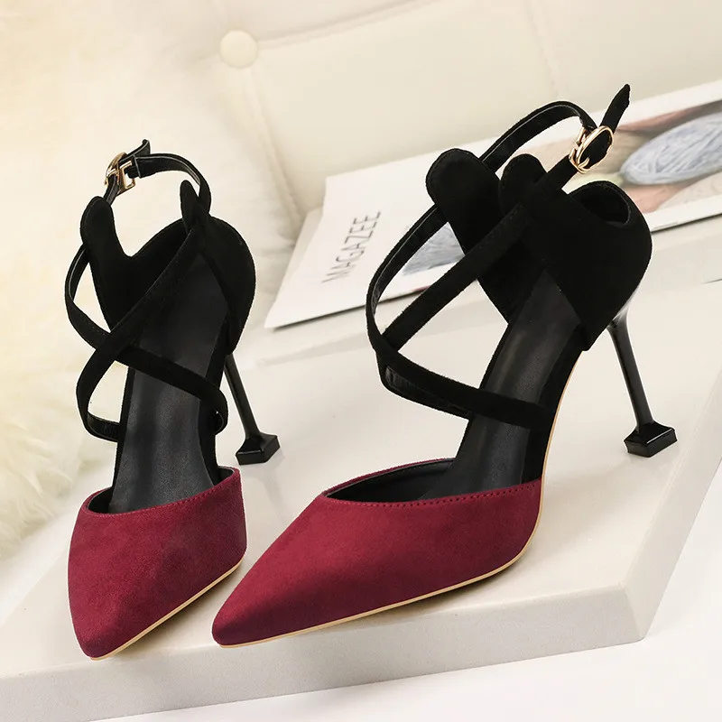 

Women Sandals Shoes Fashion Buckle Strap Flock Shallow 8.5cm Thin High Heels Solid Party Lady Sexy Female Pumps Shoes Plus Size