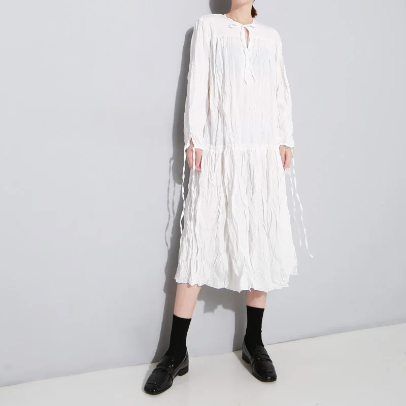 [EAM] новое осенне-зимнее свободное платье с круглым вырезом и длинным рукавом, плиссированное платье с разрезом, Женская мода JL618 - Цвет: white