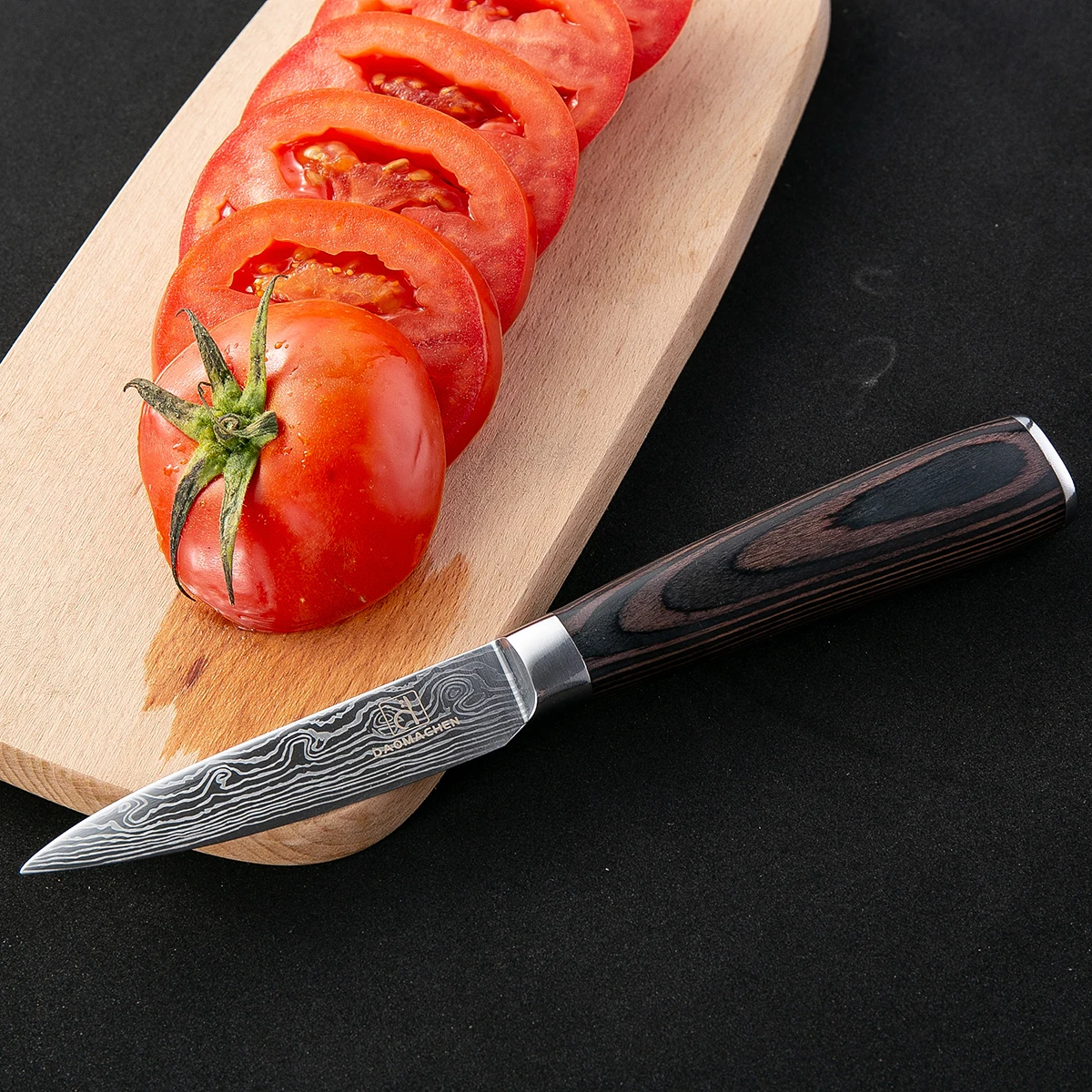 

DAOMACHEN 3.5 inch peel knife Damascus pattern color wood handle 7cr17mov high carbon steel kitchen fruit knife