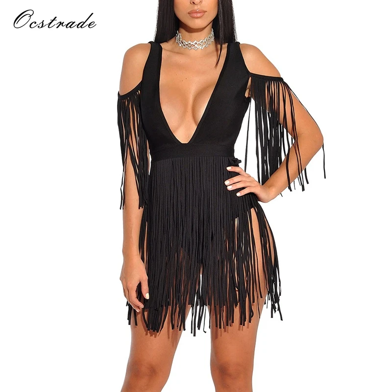 

Ocstrade Summer Dress 2019 Bandage Dress Black Woman Sexy Hollow Out and Tassel High Quality Bandage Dress Rayon Backless