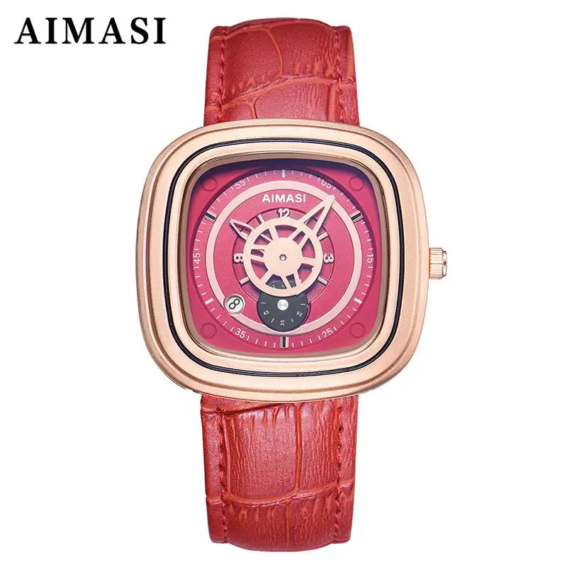 Aimasi бренд персонализированные модные женские древние календарь студентов кожаный ремешок Кварцевые водонепроницаемые квадратный циферблат наручные часы - Цвет: Красный