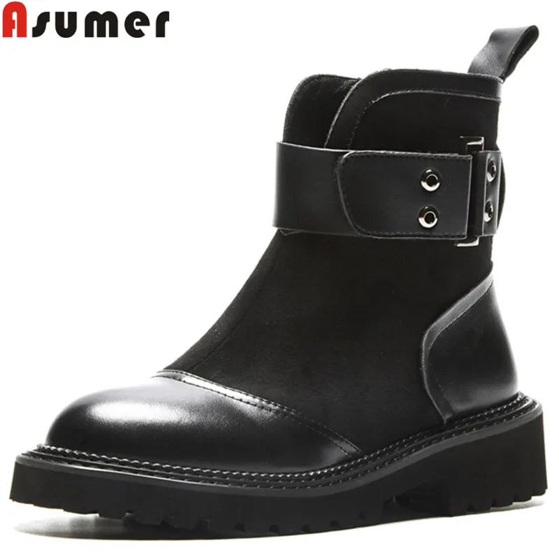 

ASUMER 2019 fashion ankle boots for women round toe zip flock+genuine leather boots med heels shoes buckle autumn winter boots