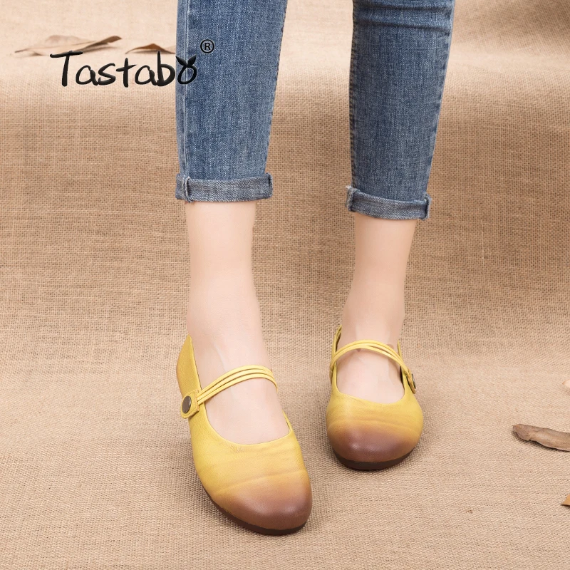 Tastabo Lemon Woman Flats Handmade 100% Full Grain Leather Autumn Flats Driving Shoes Slip-on Comfortable Casual Shoes Women