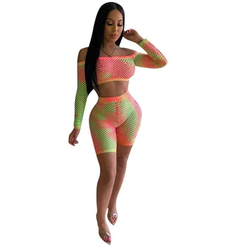 

Spring Summer Women Two Piece Set Top and Pants Plus Size Outfits Tracksuit Sweatsuit Outfit Mesh Colorful Print Sexy Sets