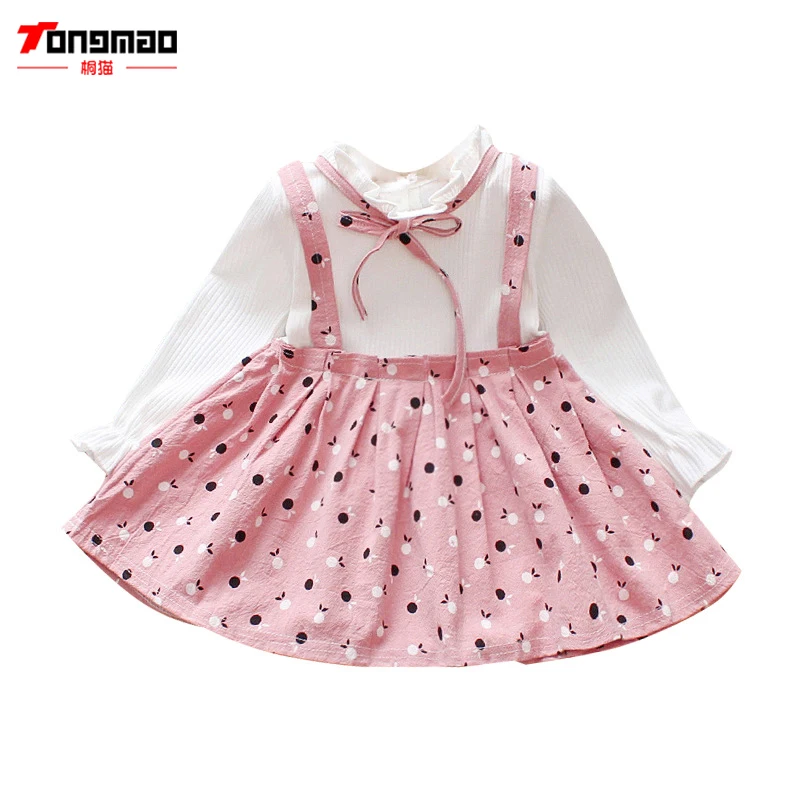 

TONGMAO Spring long-sleeved baby girl fake two-piece dress cotton children's bow princess dress female baby summer dress