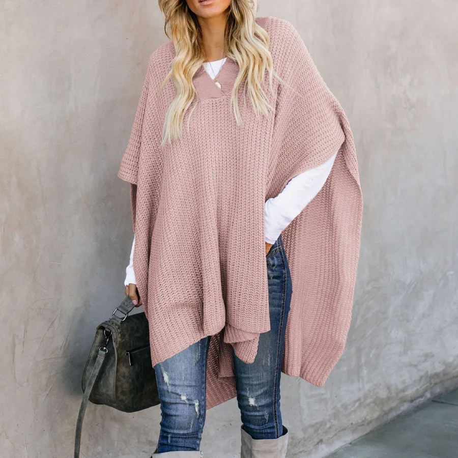 

Women Pullover Cloak Sweater Fall Winter Loose Tunic Long Knitted Raglan Sleeve Jumpers Knitwear Female Knit Rib Sweaters