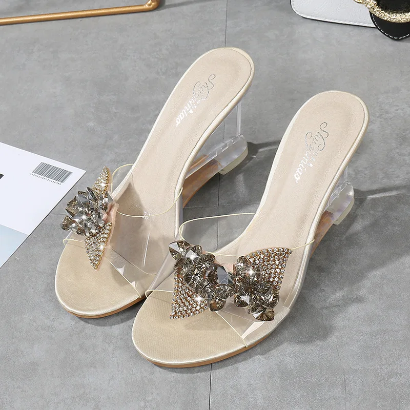 

Women Pumps Butterfly Crystal Stone Transparent Wedge Platform High Heels Sexy Slip-on Wedding Party Shoes For Lady Nightclub