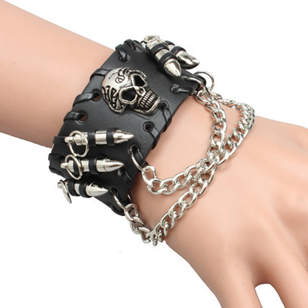 Punk Style Braclets for Men Women Black PU Leather Bangle Punk Skeleton Skull Wristband Bracelets Metal Chain