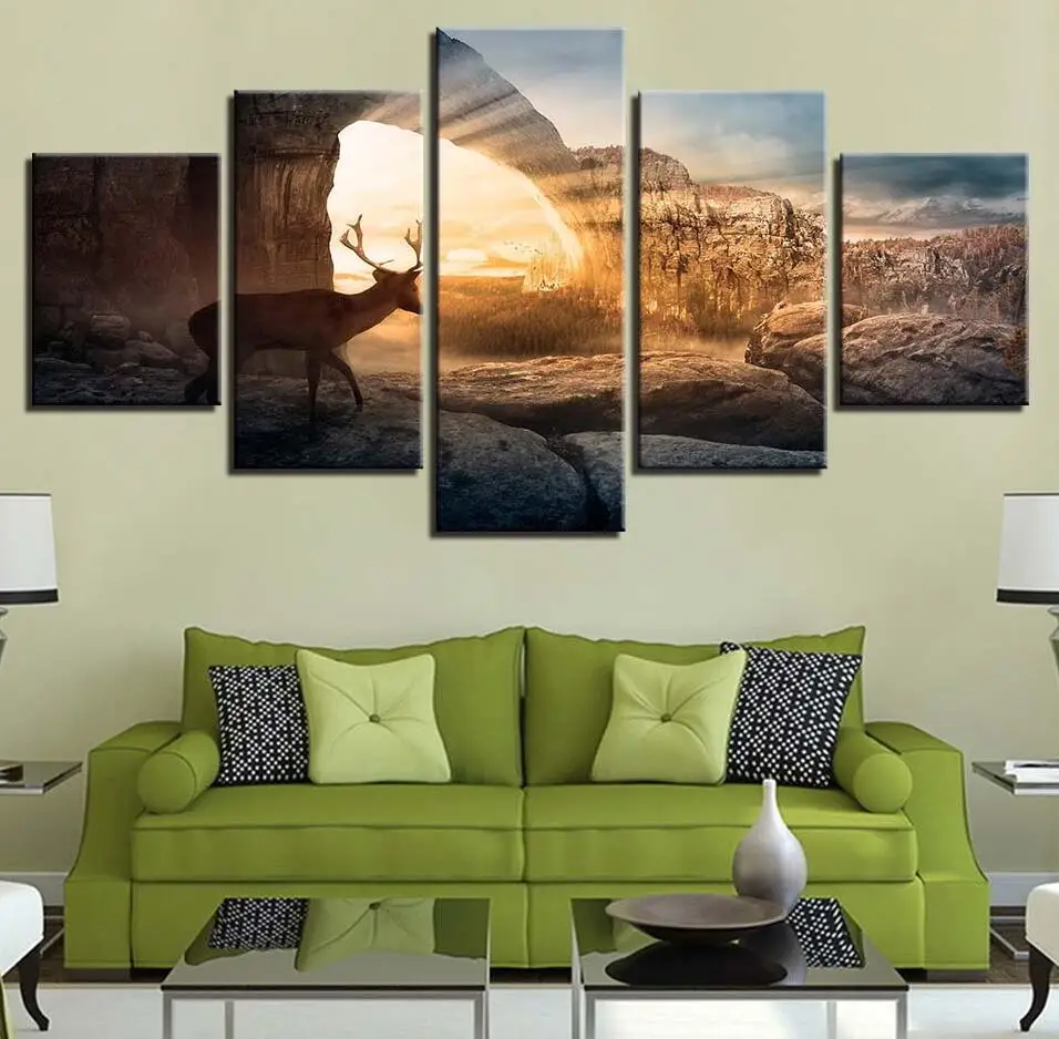 

HD Artwork Printed Modular Pictures 5 Piece Animal Deer Scenery Painting Wall Art Poster Home Decoration Modern Canvas Framework