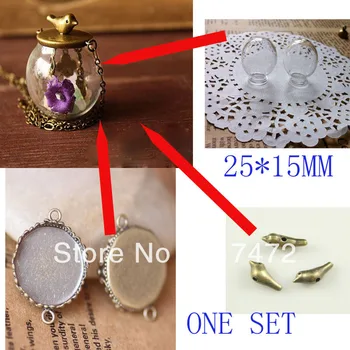 

Free Ship! 20set 25mmx15mm(opening) Glass globe & base & antique bronze bird set glass bottle glass vials pendant DIY