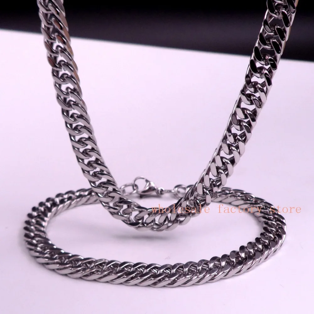 8mm Men's Jewelry Set Stainless Steel Silver Fashion Double Link Chain