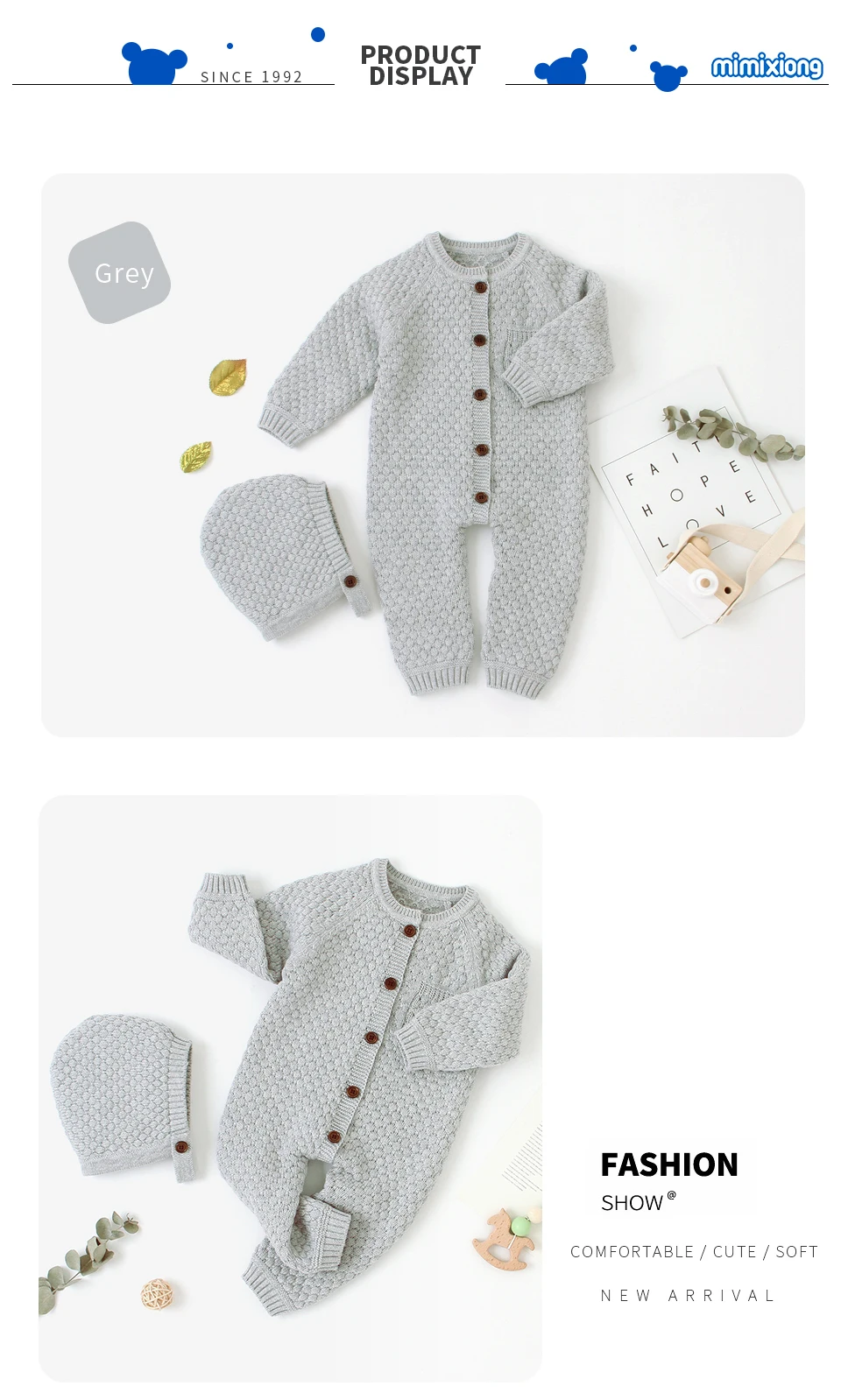 Baby Unisex Clothes Long Sleeve Rompers+ Hats for Newborn Boys Girls Outfits 2pcs Toddler Kids One Piece Jumpsuit 0-18M Sweater