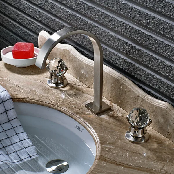 brushed nickel Смеситель для раковины на бортике с хрустальным двойным наконечником, каскадный смеситель для горячей и холодной воды, полностью латунный кран высокого качества - Цвет: brushed nickel