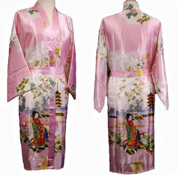 Ярко-розовые китайский Для женщин Шелковый район халат-кимоно с цветочным принтом S M L XL XXL XXXL S0017 - Цвет: Розовый
