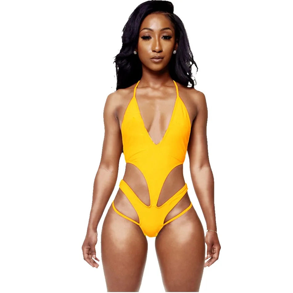 African Swimwear Thong Monokini Yellow Bandage One Piece