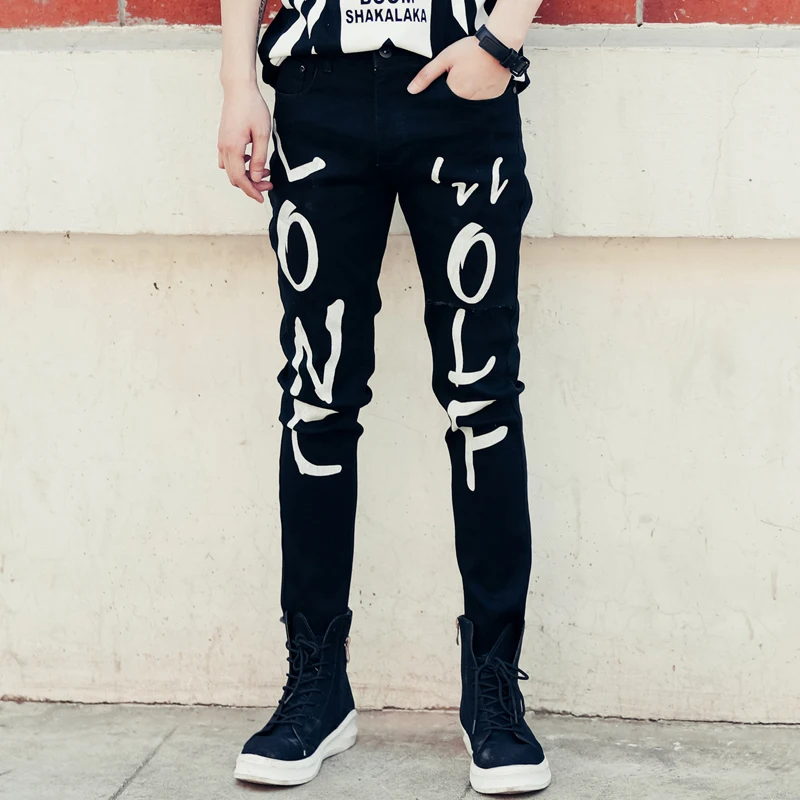 

S-XL!!! 2017 Summer individuality letter print male jeans slim skinny pants HARAJUKU teenage ankle length trousers