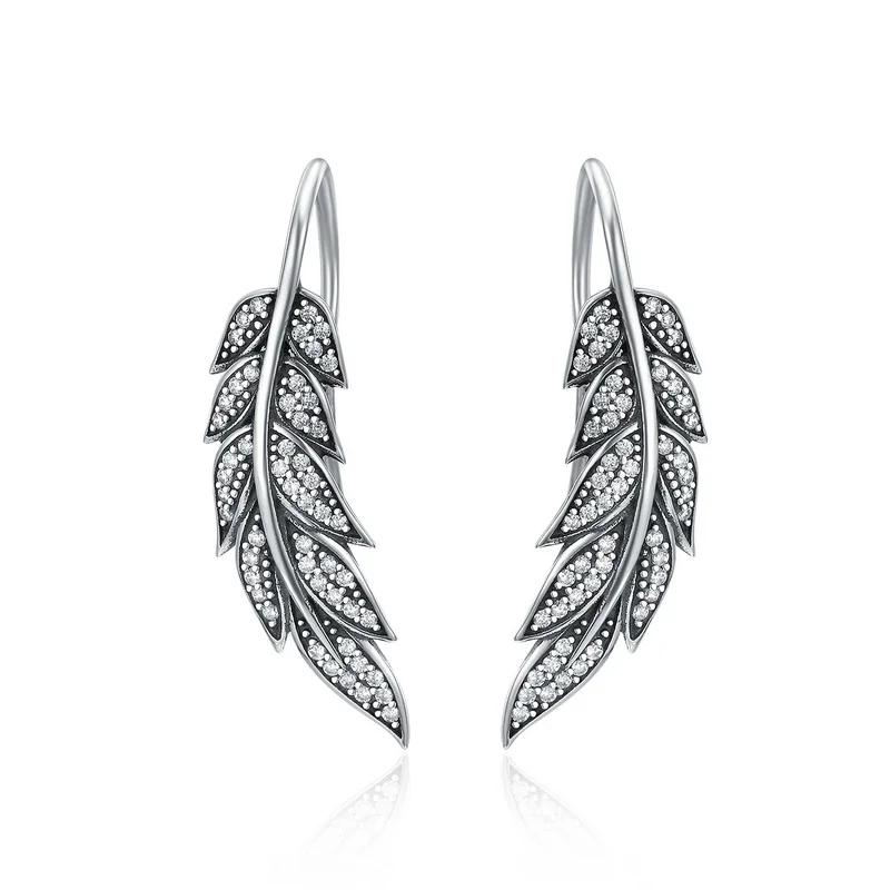 

Authentic 925 Sterling Silver Vintage Feather Wings Long Drop Earrings for Women Sterling Silver Jewelry Brincos SCE215 BAMOER