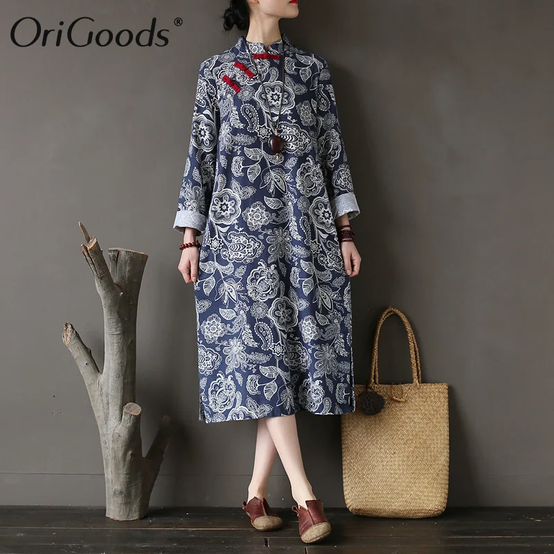 

OriGoods Chinese style Women Dress Long sleeve Vintage Cotton and Linen Dress 2019 Summer New Original Print Dress Robe A302