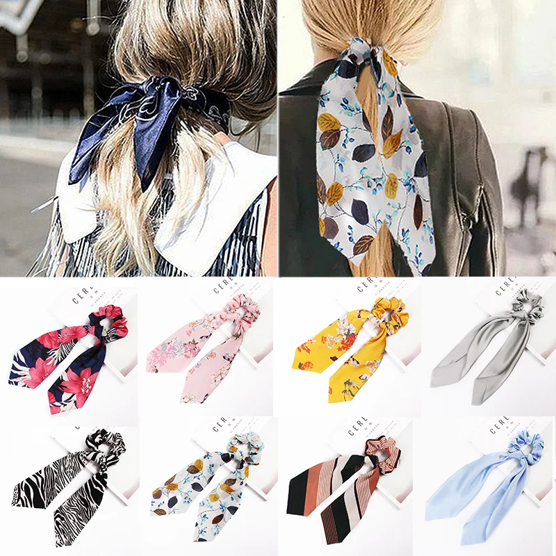 

2019 new 1pcs Satin Ribbon printing Scarf Elastic Solid Floral Hair Band long Rope Bow Scrunchie Hair Ties Accessories hot sale