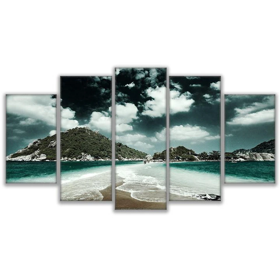 Модульная холст Плакаты Гостиная Wall Art 5 шт. пляж Морские волны фотографии еще