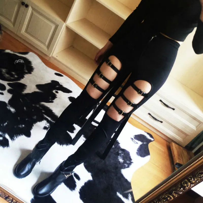 

Women Leggings Punk Style Skinny Pants Pencil Slim Fit Hot Hollow Out Cool 2017 Summer Solid Color Trendy Rock Dance Sexy Pants