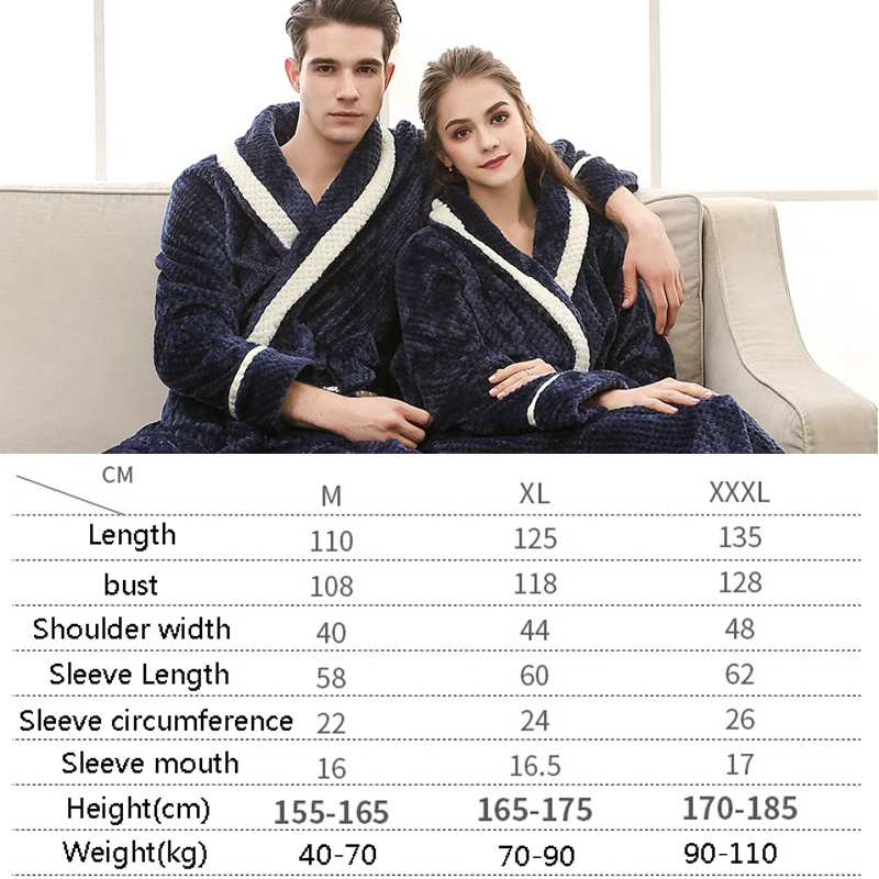 Queenral Men/Women Winter Thermal Long Bathrobe Lovers Thick Warm Robe Plus Size M XL XXL Nightgowns Dressing Gowns Home Clothes