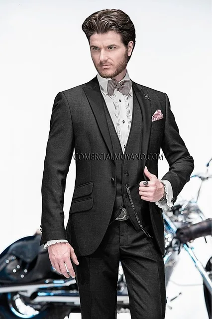 755 New Arrival Groom Tuxedo Ticket Pocket Groomsmen Peak Lapel WeddingDinner Suits Best Man Bridegroom (Jacket+Pants+Vest)