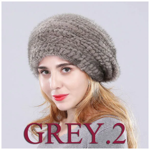 new arrive women real mink fur Berets handmade knit mink hat brand winter casual fur caps hot sale - Цвет: grey 2