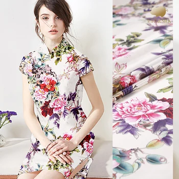 

Peony digital inkjet silk heavy satin fabric 25mm glossy clothing dress chinese silk fabric wholesale silk cloth