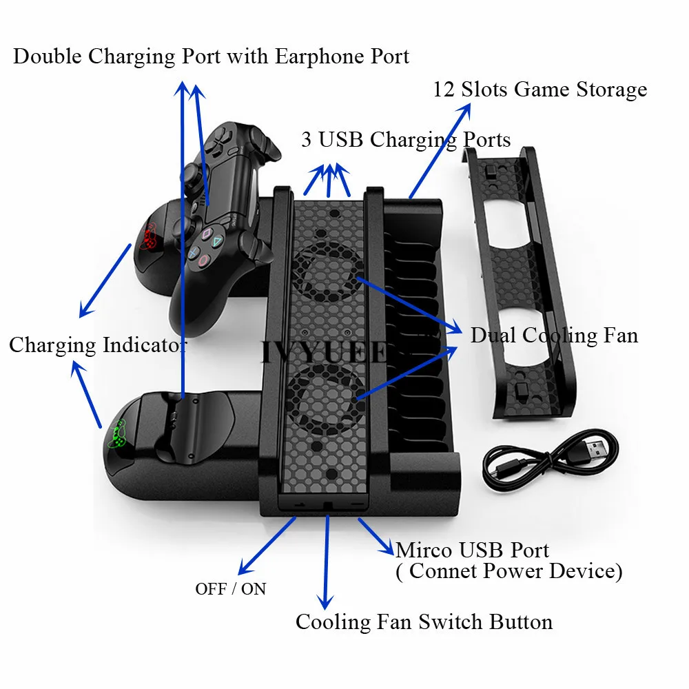 Ivyueen вертикальная подставка для sony Игровые приставки 4 PS4 Pro консоли с охлаждающим вентилятором регулятор Charge и индикатор зарядки