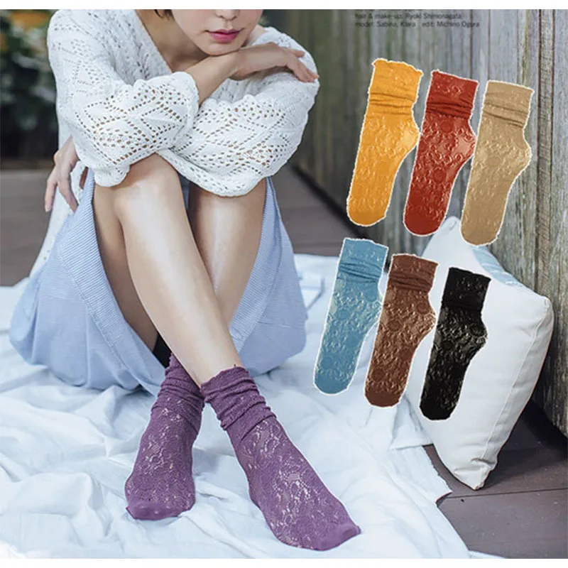 

Spring and summer new women's socks Japanese lace hollow color pile socks Korean version of the tube socks