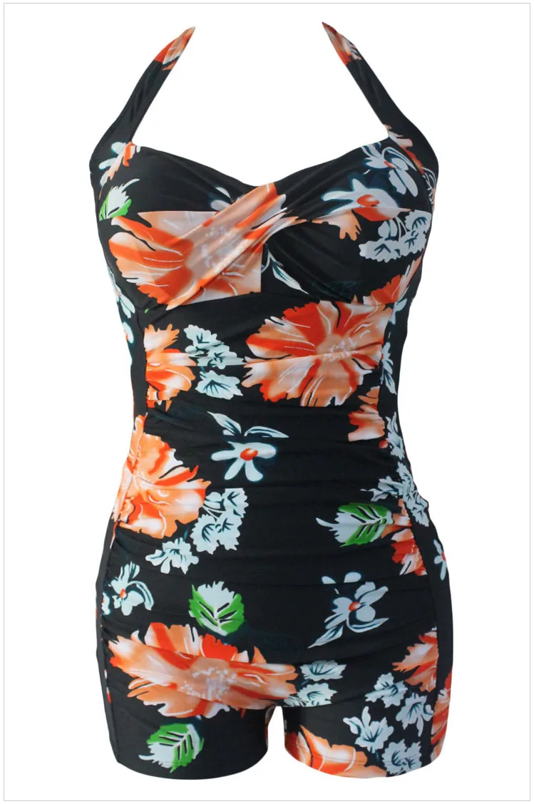 Vintage One Piece Swimwear Women Print Floral Polka Dot Swimsuit Retro