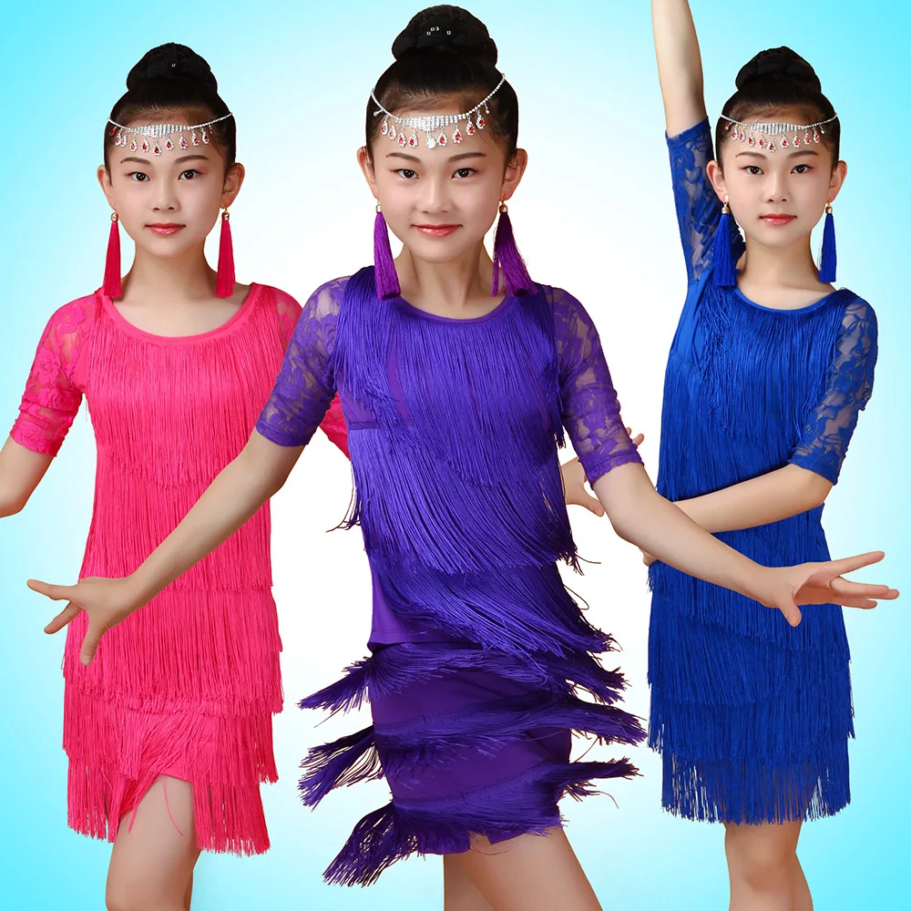 

Girls' Latin Dance Competition Costumes Children's Latin Dance Skirt Girl Tassel Fringe Dance Dress With Safety Pants