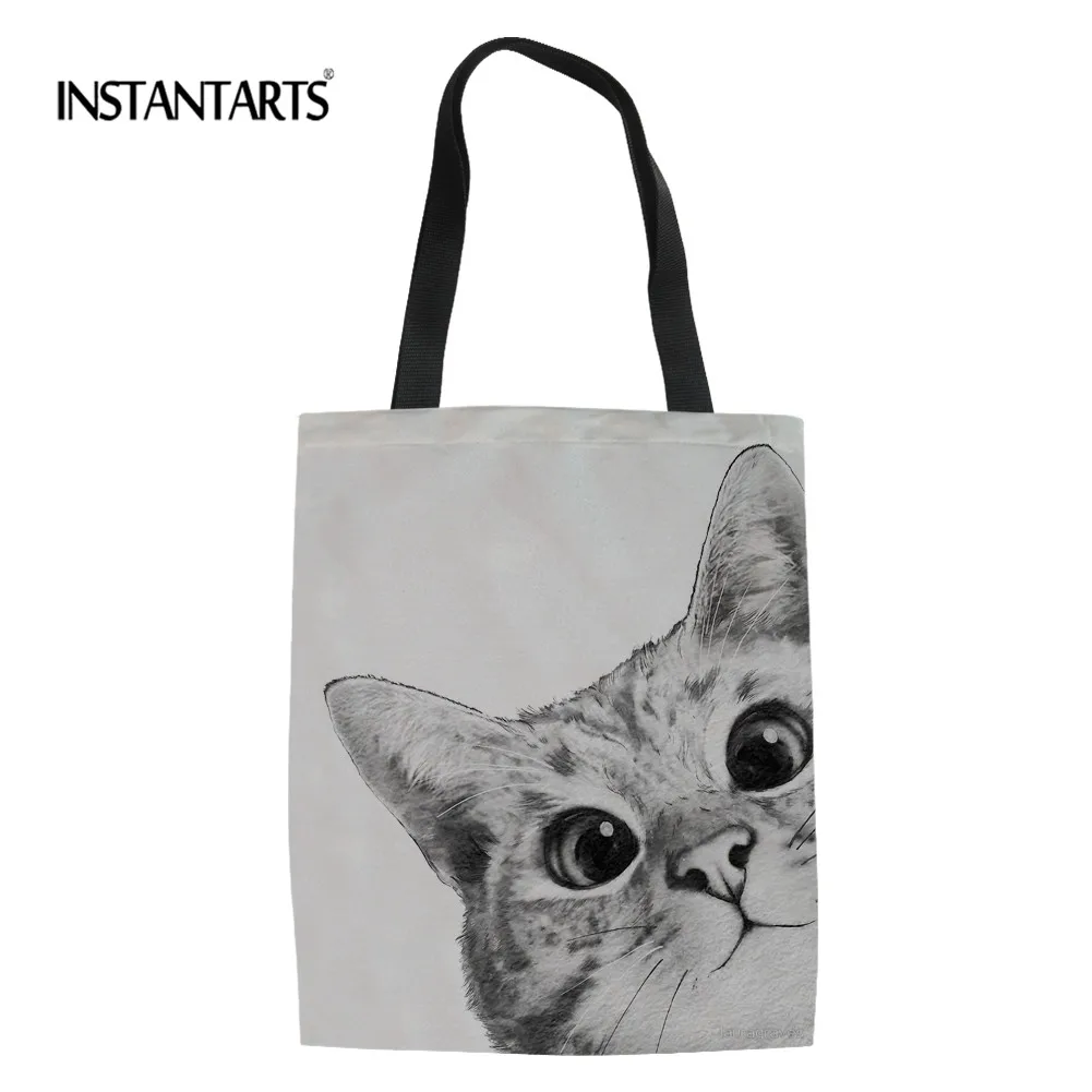 

INSTANTARTS Cute Cat Kitty Classic Women Canvas Shopping Bag,Eco Recycle Folding Reusable Portable Girl Shoulder Tote Handle Bag