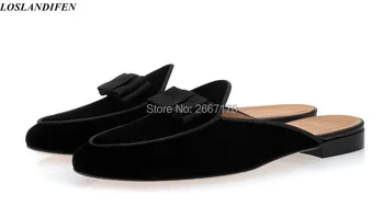 

Zapatos Hombre Mens Suede Leather Slides Bow-Knot Mules Slip-on Casual Shoes Closed Toe Slippers Black Flats Loafers Spring