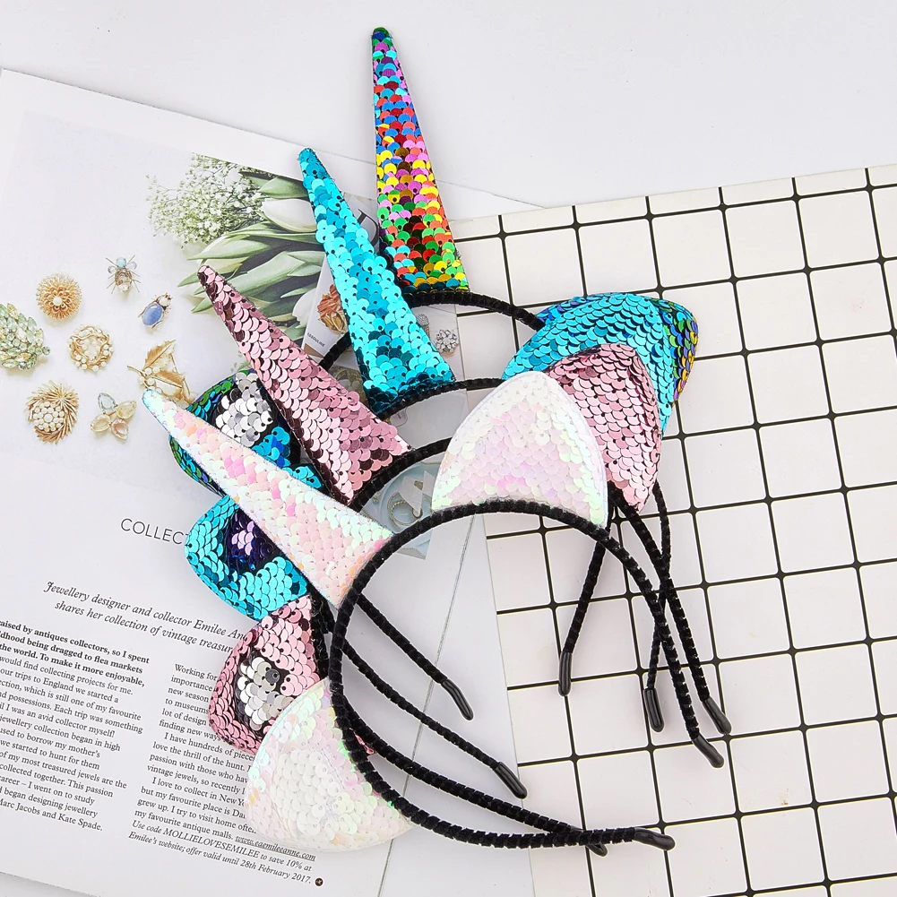 

Fioday New Unicorn Cat Ears Bezel for Girls Sequins Hairband Headband for Women Rims Children Party Gifts Hair Hoops Accessories