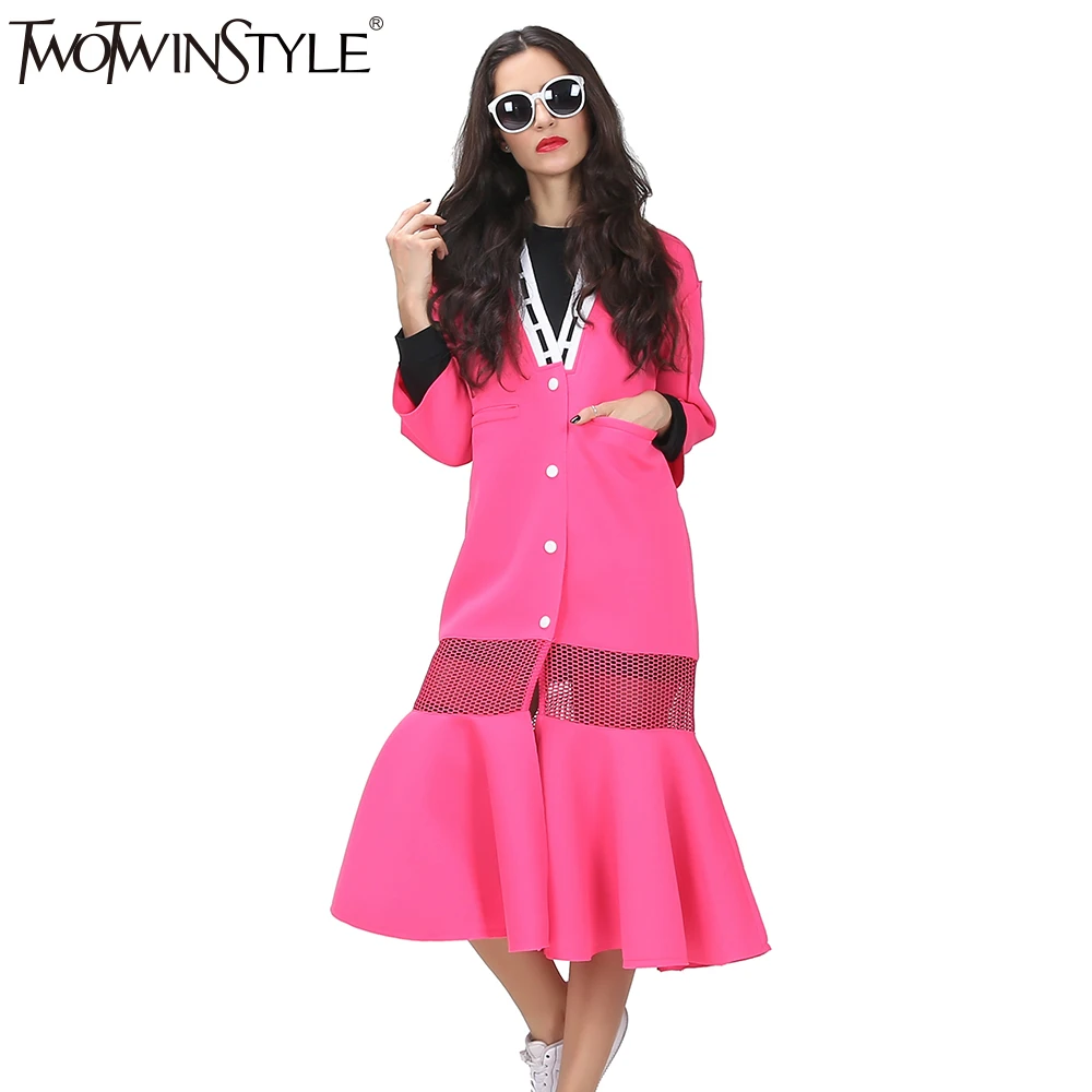 [TWOTWINSTYLE] Streetwear Long Trench Coat For Women Windbreaker 2020 Autumn New V-neck Fishtail Hem See-through Grid Fashion